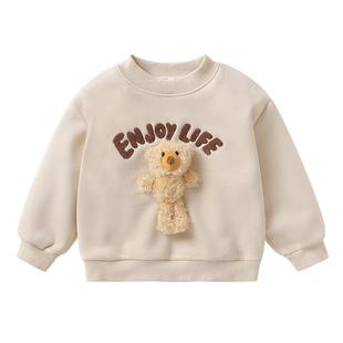 右欧男女童加绒卫衣立体玩偶秋冬季新款童装字母时髦儿童保暖上衣