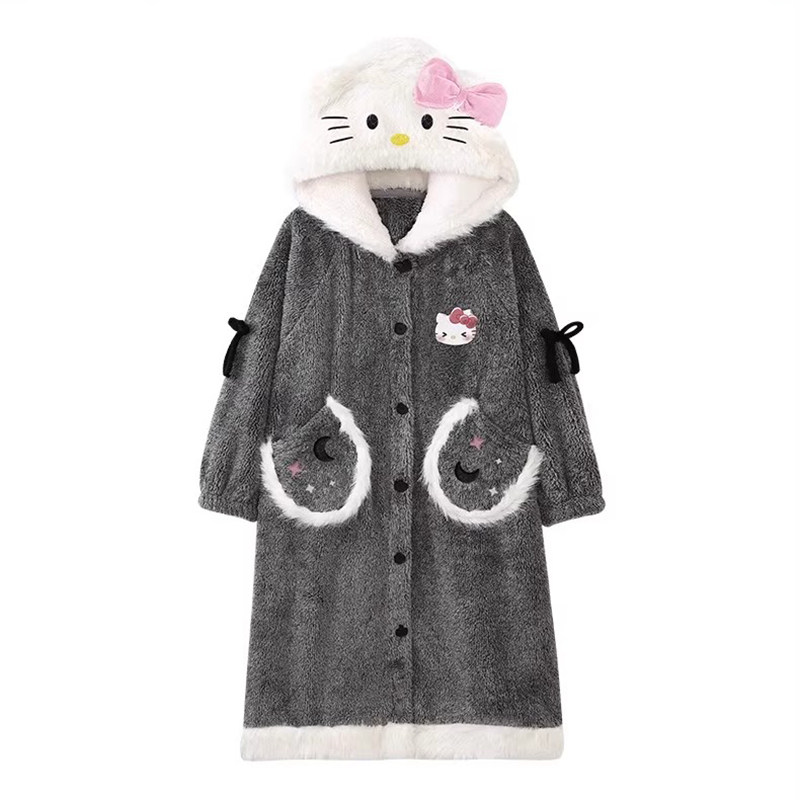 HelloKitty珊瑚绒大码睡裙女冬季新款加绒加厚连帽睡袍家居服睡衣