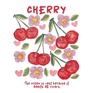 彩绘英文车厘子花朵爱心热转印衣服印花装饰高弹胶印白墨烫画贴