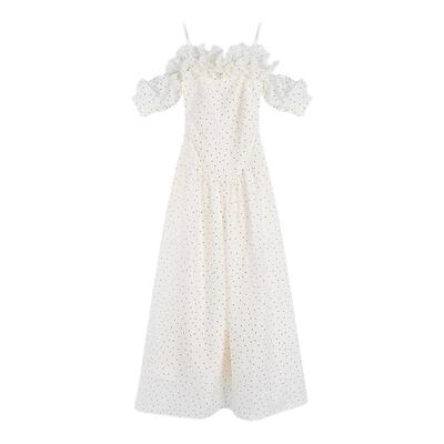 贰羊设计【风泠】两穿立体荷叶边一字肩复古波点连衣裙女收腰长裙