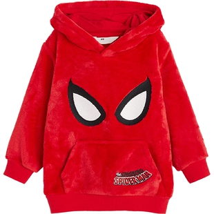 【漫威】HM童装儿童男童卫衣冬装蜘蛛侠加绒红色连帽衫1080290