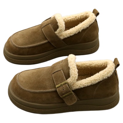 真皮加绒乐福鞋女厚底休闲毛毛鞋