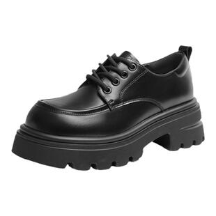 红蜻蜓厚底加绒乐福鞋女鞋秋冬款复古英伦风增高JK黑色小皮鞋单鞋