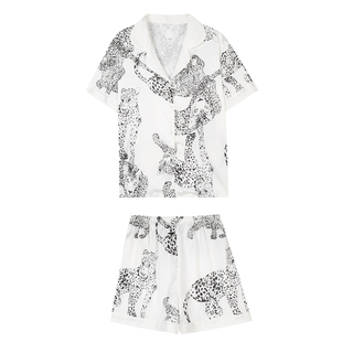 馨帮帮 薄款卡通豹纹睡衣冰丝短袖短裤可外穿舒适家居服套装女夏