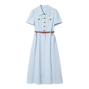 蓝语大码女装法式时尚POLO领收腰连衣裙夏季梨型身材巨显瘦a字裙