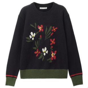 设计师款佐丹奴针织衫女装撞色花朵提花宽松圆领厚实毛衣18356202