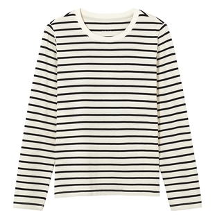 热风女士圆领长袖T恤基础白色内搭2025年秋季新款黑白条纹内搭T恤