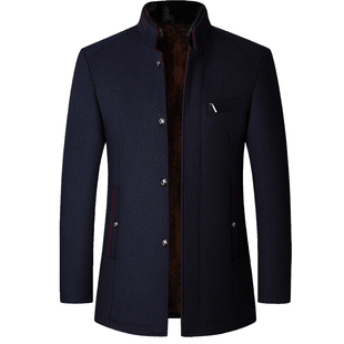 啄木鸟立领毛呢外套男中年秋冬季新款加绒加厚保暖上衣休闲爸爸装