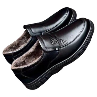 PLOVER软皮皮鞋男士冬季新款加绒软底一脚蹬休闲鞋中年爸爸鞋防滑