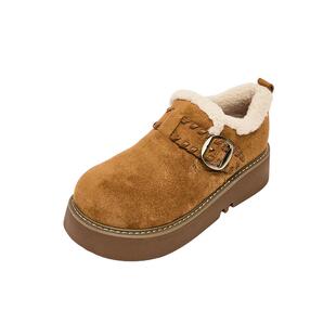 三福女毛毛鞋冬季童趣韩系复古风金属扣厚底勃肯鞋女鞋848352