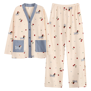 芬腾可安睡衣女款2025新款冬高级感秋季纯棉带胸垫长袖樱桃家居服