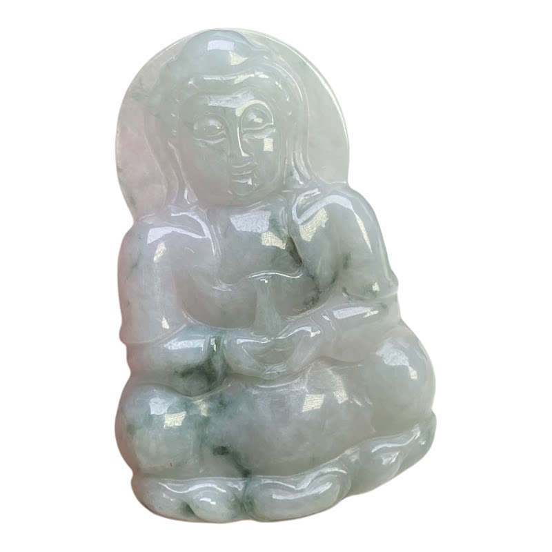 隆慈缘A货冰糯飘花翡翠观音吊坠