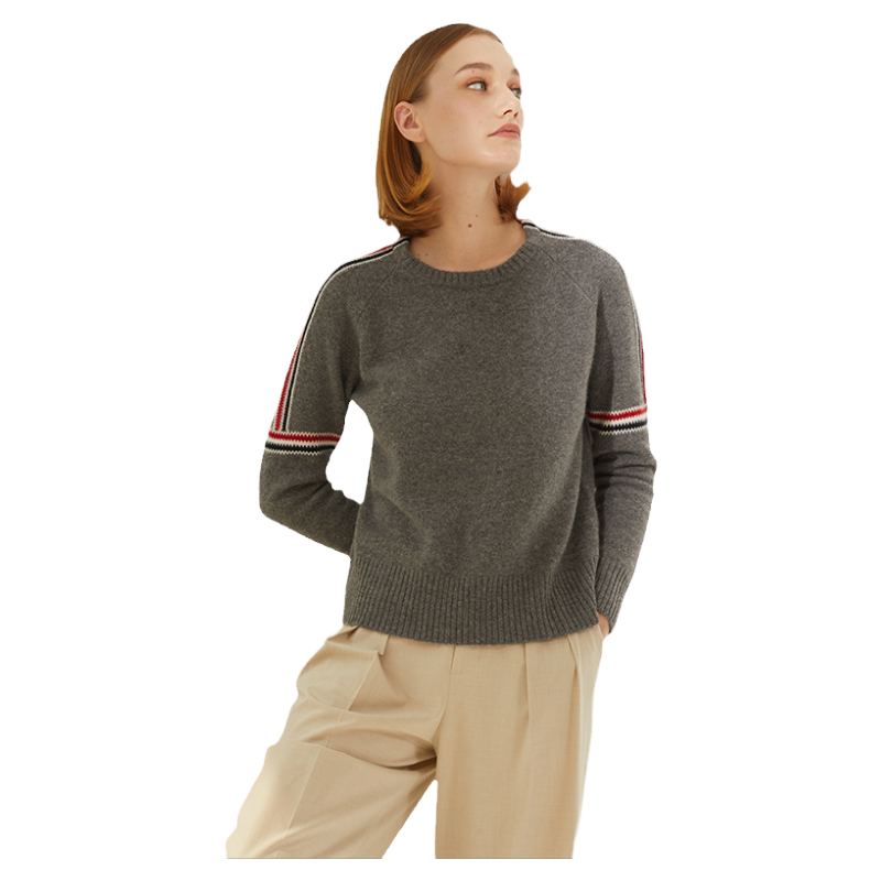 圣雪绒2021秋冬新款女圆领7针加厚羊绒衫撞色条纹提花长袖针织衫