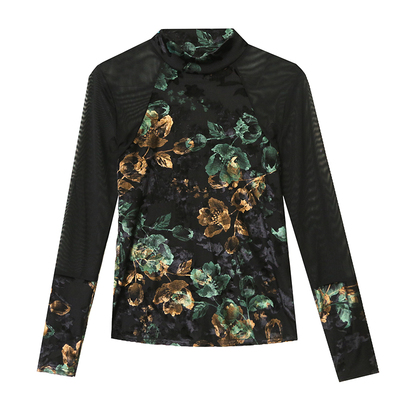 秋冬洋气花朵网纱加绒打底衫女