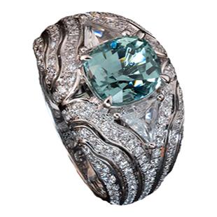 太府珠宝18K金镶嵌天然Lagoon湖水蓝碧玺戒指个性复古设计彩宝戒