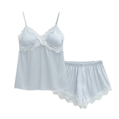 宫蝶【凉感型】性感睡衣女夏冰雪丝吊带短裤蕾丝花边家居服带胸垫