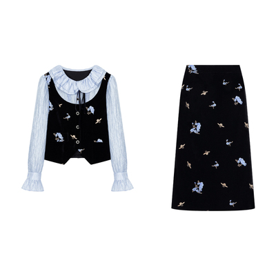 乔拉法式丝绒长袖上衣裙子套装女