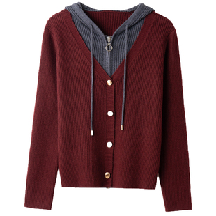 恒源祥羊毛针织开衫女早秋新款二八月短款外搭设计感连帽毛衣外套