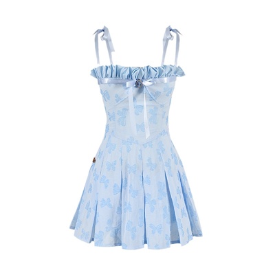 复古甜妹蝴蝶结胸衣式百褶连衣裙