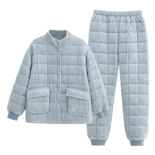 睡衣女秋冬季冬款珊瑚绒法兰绒夹棉袄三层加厚超厚加绒家居服冬天
