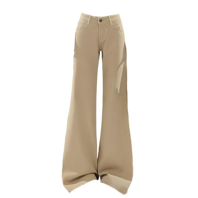 145小个子卡其色低腰微喇牛仔裤女秋冬百搭不贴腿复古阔腿拖地裤