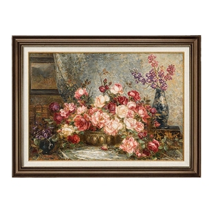 纯手绘油画美式餐厅装饰画花卉饭厅背景墙挂画高级感玄关客厅壁画