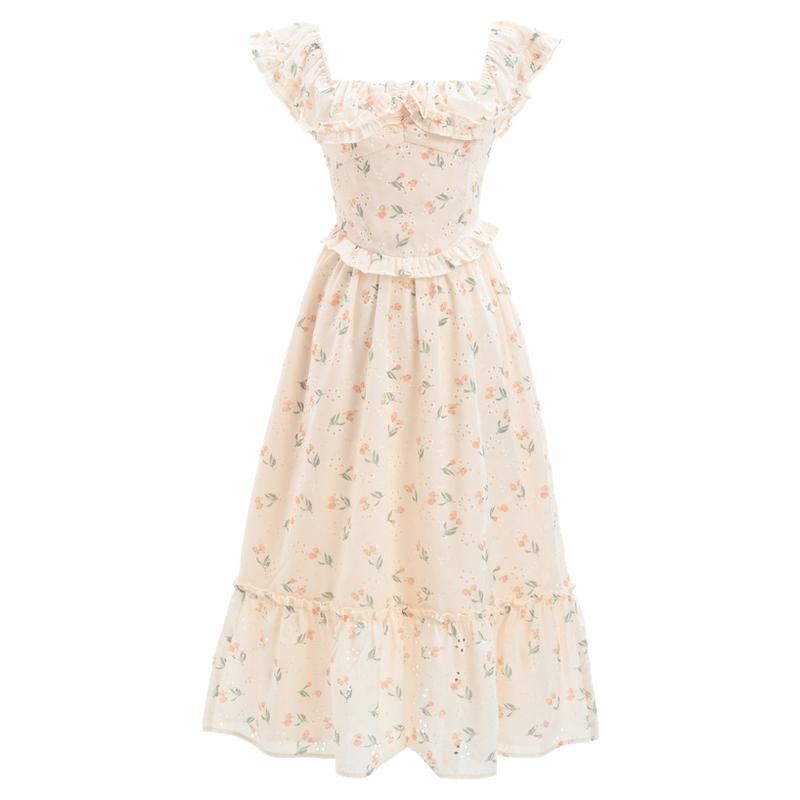 森女部落原创甜美度假风长裙方领碎花法式连衣裙夏长款裙子一字肩