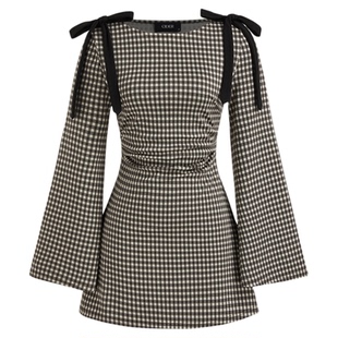 CIDER棉法式船领格纹蝴蝶结褶皱圆领连衣裙女装114164710