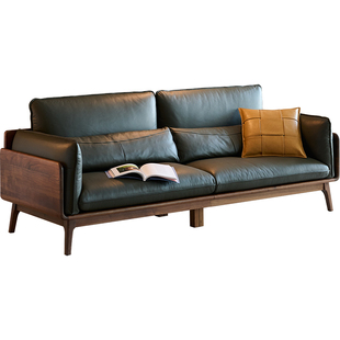 意式极简北美黑胡桃木真皮沙发实木客厅直排沙发现代简约高端别墅