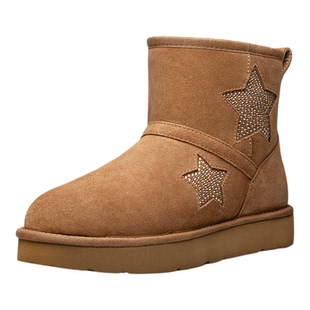 AUMU雪地靴女2025冬季新品皮毛一体星星水钻防滑短靴东北大棉靴子