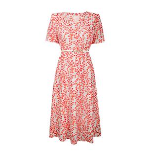 未风红色雪纺连衣裙2026新款夏天女装气质V领碎花裙长款短袖裙子