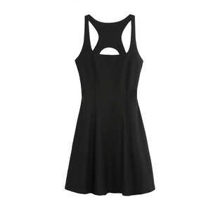 NEVA HU 黑色方领露背吊带连衣裙女短款夏季收腰A字小个子背心裙