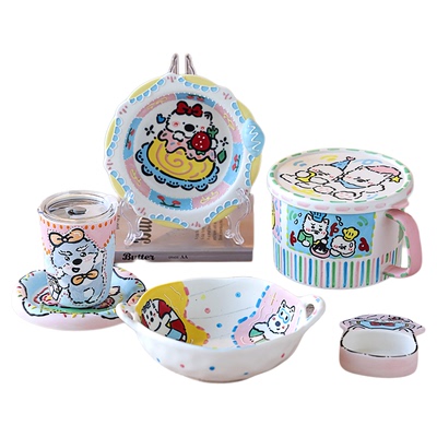 景德镇陶瓷手绘餐饮具套装点心盘子牛奶杯子泡面汤碗卡通马克杯勺