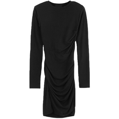 收腰褶皱纯棉长袖黑色包臀连衣裙