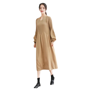 秋冬V领套头针织毛衣连衣裙大码优雅显瘦毛