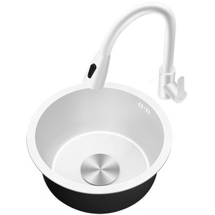 白色厨房洗菜盆不锈钢圆形水槽小单槽水吧台岛台迷你圆盆洗手盆