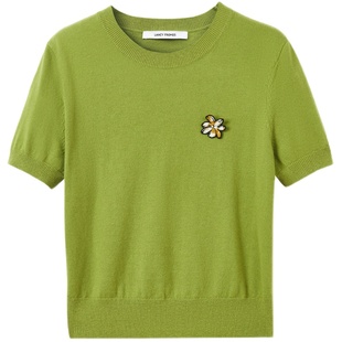 朗姿纯羊毛气质法式毛针织衫上衣高级感短袖羊毛衫2024年冬季新款