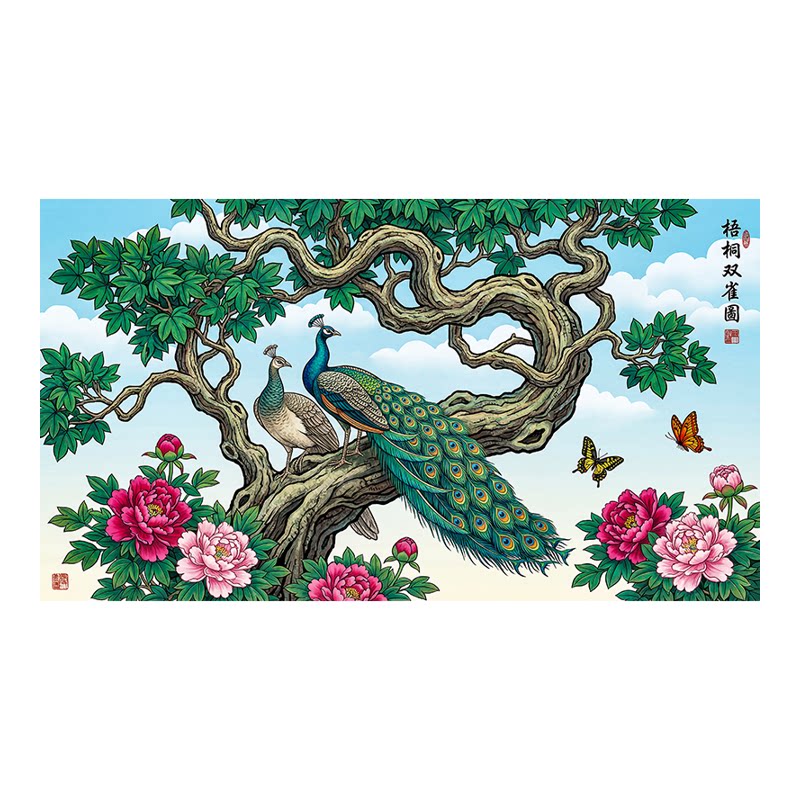 中式孔雀牡丹装饰画客厅无框贴纸画国潮风格自粘贴画