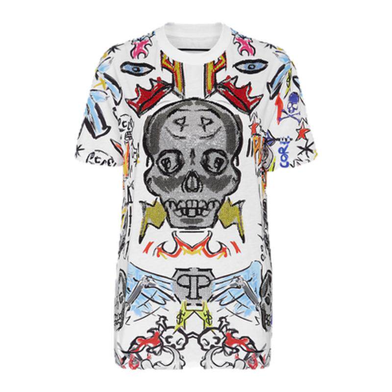 PHILIPP PLEIN 2026年女士涂鸦骷髅印花短袖艺术感T恤满印上衣