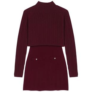 Maje新年穿搭2025秋冬新款女装时尚紫红色半高领两件套针织连衣裙
