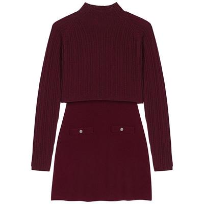 Maje新年穿搭2025秋冬新款女装时尚紫红色半高领两件套针织连衣裙