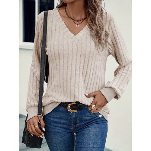 X 71793 V Neck Mokin Ribbed Long Sleeve Top 磨毛坑条长袖