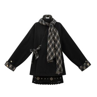 醒春集【魔女】晋制汉服元素曲领大衣短裙毛呢绣花黑色格纹日常风