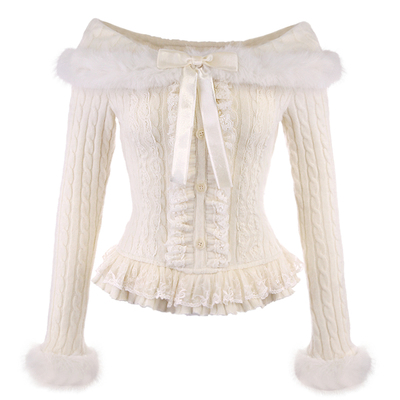 少女一字领蝴蝶结拉肩麻花针织衫