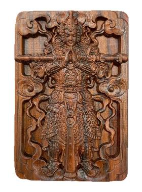 木雕小叶紫檀韦陀菩萨吊坠伽蓝护法男女款项坠文玩无事牌双面挂件