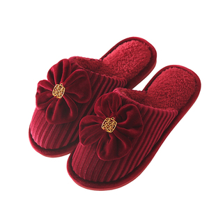 冬季结婚棉拖鞋红色婚嫁喜庆一对轻奢新婚情侣新娘晨袍陪嫁高级感
