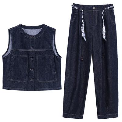 复古牛仔背心马甲阔腿裤两件套装