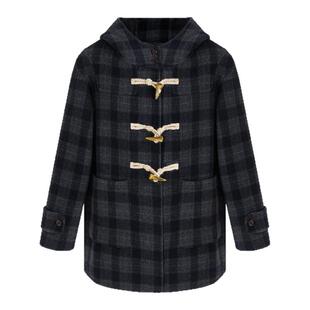SeRinaBlue2026春季新款年轻款休闲连帽格子女士双面羊毛大衣外套