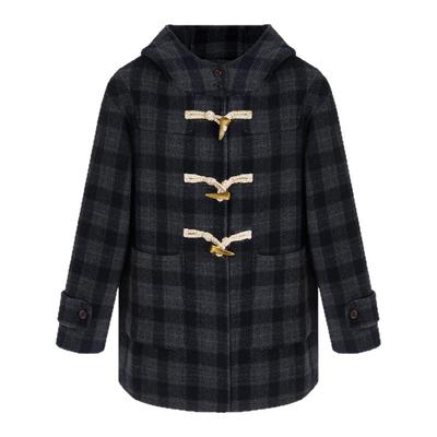 SeRinaBlue格子连帽女羊毛大衣