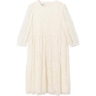 【播奥莱】播100%棉中长款连衣裙商场同款复古泡泡袖气质蕾丝裙